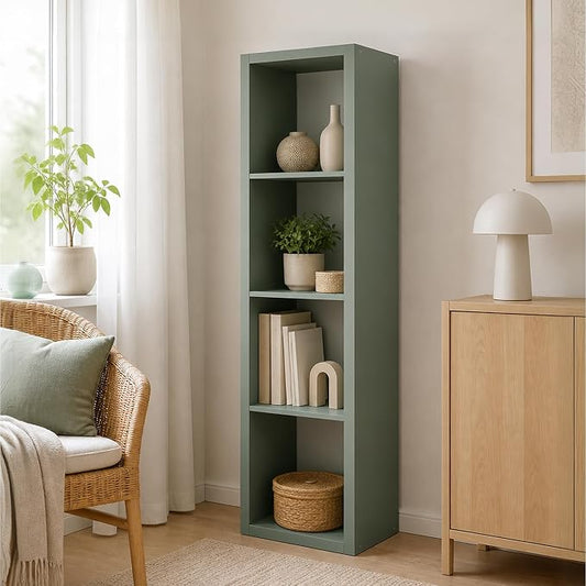4-Cube Tall Cubicle Bookshelf, Cube Bookcase with Open Back, Reversible Book Shelf, Cube Storage Organizer, 15 x 16 x 58, for Living Room, Home Office, Sage Green