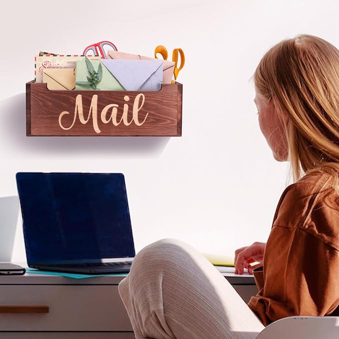 Wooden Mail Organizer Countertop | Farmhouse Brown Mail Holder for Wall | Rustic Desk Mail Sorter Basket Letter Holder for Home Office Entryway Decor