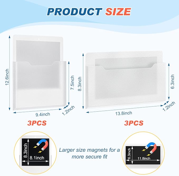 6 Pcs Magnetic Wall File Organizer Magnetic Wall File Holder Refrigerator Magazine Holder for Mail Letters Paper(Clear,Horizontal & Vertical)