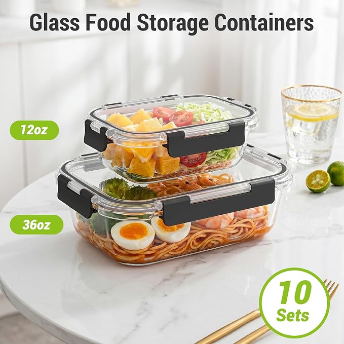 Dealusy 10 Sets (20-Piece) 36 oz & 12 oz Glass Food Storage Containers with lids, Airtight Leak-proof Glass Meal Prep Containers with Lids, Microwave Oven Freezer Dishwasher Safe, Black