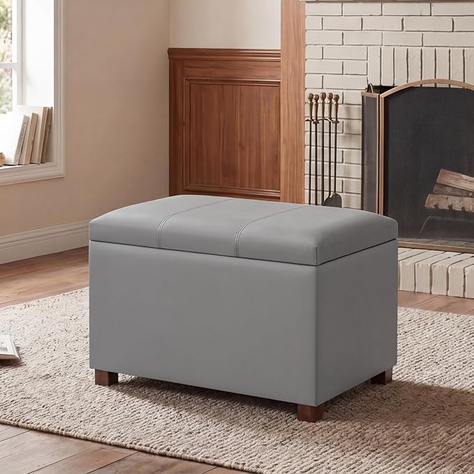 24" Leather Storage Ottoman Bench, Rectangle Foot Rest Stool for Living Room, Bedroom, Entryway, Grey