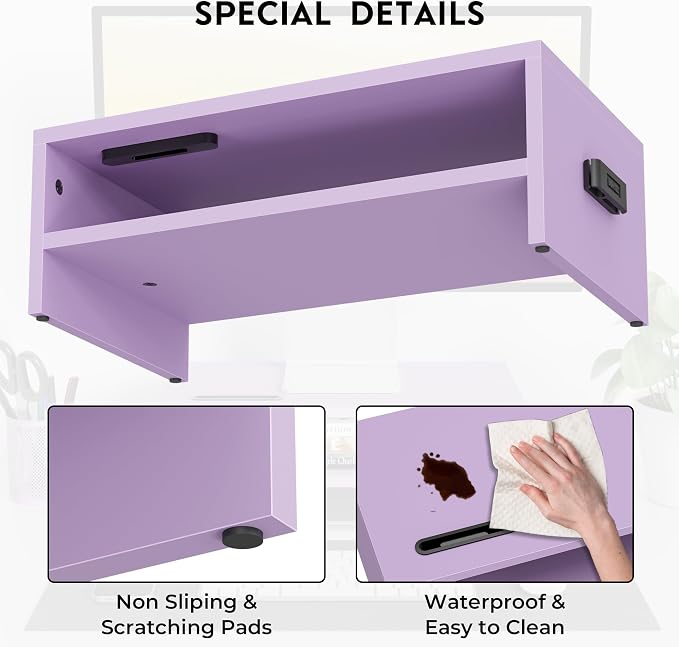 BONTEC Wooden Monitor Stand Riser for Desk, 2-Tier Computer Monitor Stand | 66 lbs Desk Shelf Organizer with Storage, Laptop & Printer Stand with Phone Holder and Cable Management, Purple, 16.5 Inch