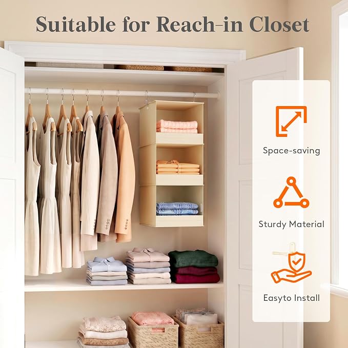 Lifewit 3 Tier Hanging Clothes Storage Organizer for RV, 1 Pack, Beige | Front Anti-Slip Closet Storage Hanger with 2 Sturdy Hooks, Vertical Foldable Sweater Organization for Shelf, Wardrobe, Dorm