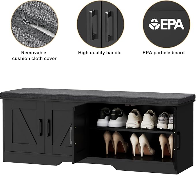 HOMSHO Farmhouse Shoe Storage Bench with 4 Barn Doors & Padded Seat Cushion | 47.2" Wide Entryway Bench with Adjustable Shelves & Hidden Storage, Black