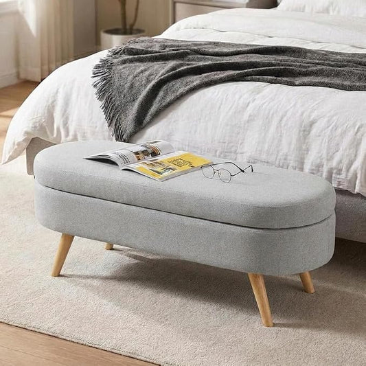 43.5” Storage Ottoman Bench，Upholstered Oval End of Bed Bench for Bedroom | Modern Linen Ottoman with Storage, Entryway Foot Rest with Wooden Legs, Lift-Top Lid with Safety Hinge, Living Room, Grey