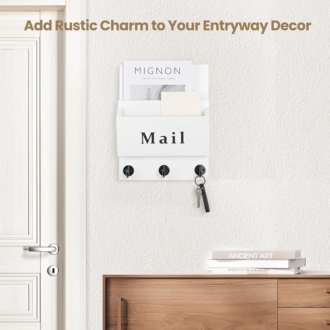 Mail and Key Holder, Wall Key Holder with 2 Mail Organizer Slot and 3 Hooks | Decorative 8.86" x 11.42" Mail Holder, Real Paulownia Wood with Keyhole Brackets, Hardware and Instructions