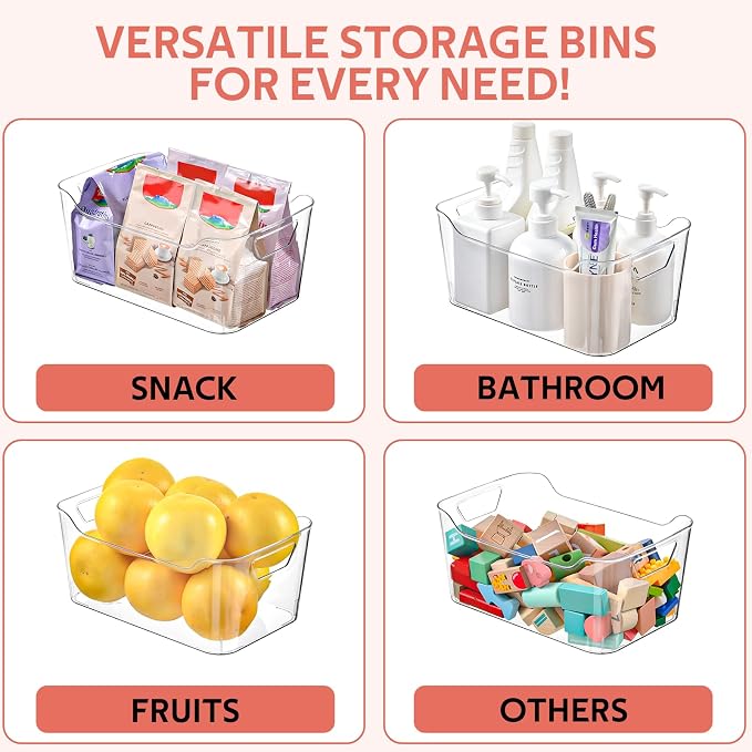 Clear Plastic Storage Bins - 12 Pack Pantry Organizers and Storage,Large Clear Pantry Organizer Bins, Plastic Containers with Handle for Kitchen,Freezer,Cabinet,Closet,Bathroom Under Sink