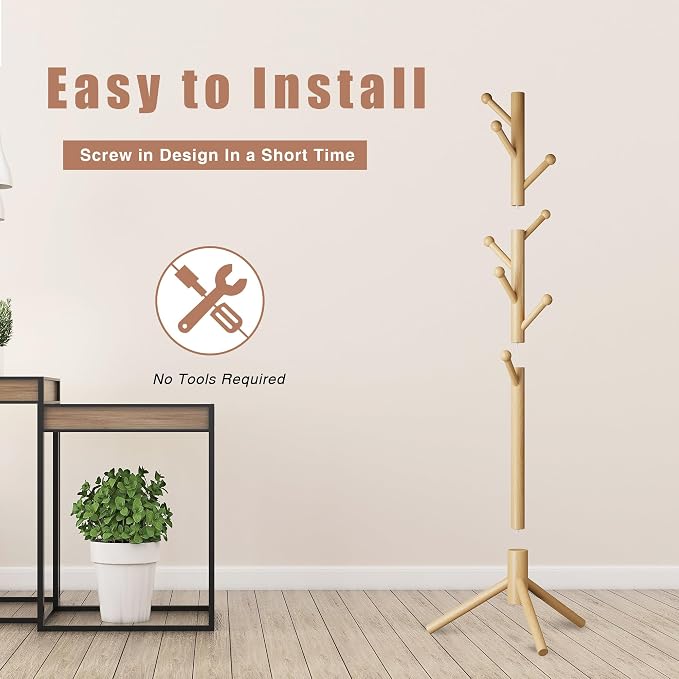 8-Hook Freestanding Coat Rack 3 Heights Safe Round Tips Nature | Smooth Round Tips Prevent Slipping,Tool-Free Assembly,Holds Clothes Hats Handbags,Ideal for Entryway Bedroom Hallway Office