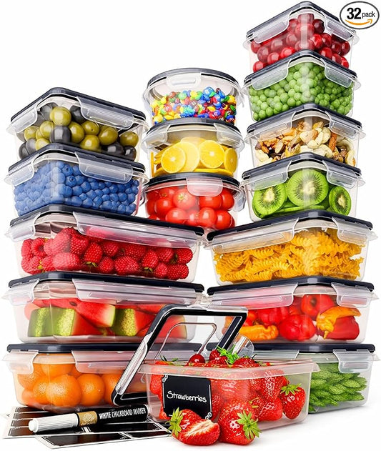 Chef's Path 32 Piece Airtight Food Storage Containers with Easy Snap Lids, 16 Containers and Lids, Stackable Kitchen and Pantry Canisters for Meal Prep and Food Storage - Transparent
