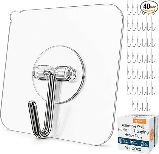 Adhesive Wall Hooks for Hanging Heavy Duty 22 lbs Hooks for Walls No Damage, Towel Sticky Clear Hooks, Waterproof, Home, Bathroom, Kitchen, Office, and Outdoor, 40 Pack