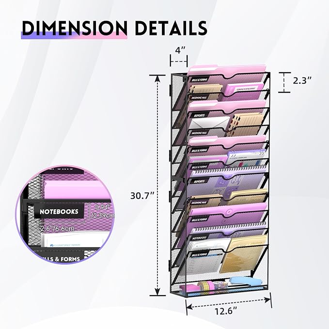 12-Tier Wall File Organizer with Base, Wall Mounted File Holder | Vertical Hanging File Organizer with Open Compartments and Label Holders for Mail, Folders and Paperwork at Home or Work