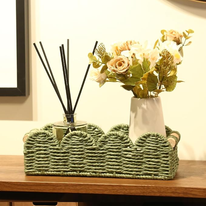 Paper Rope Storage Basket Set of 2 with Wooden Handles - Scalloped Toilet Paper Organizer, Cute & Functional Home Decor for Bathroom or Living Room (Green)