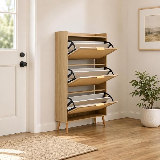 Shoe Cabinet, Rattan Shoe Storage Cabinet for Entryway with Flip Drawers | 3 Flip Drawers, Breathable Rattan, Odor Resistant, Hidden Shoe Organizer, Slim Space Saving, Narrow Cabinet, Entryway Storage