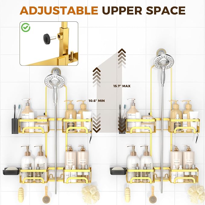 REINHARDT Split Shower Caddy Hanging for Handheld Showerheads, Gold | Adjustable Shower Organizer, Rustproof, 16 Hooks, Soap Holder, 40lbs Capacity, Anti-Slip, Tool-Free, Bathroom Accessories