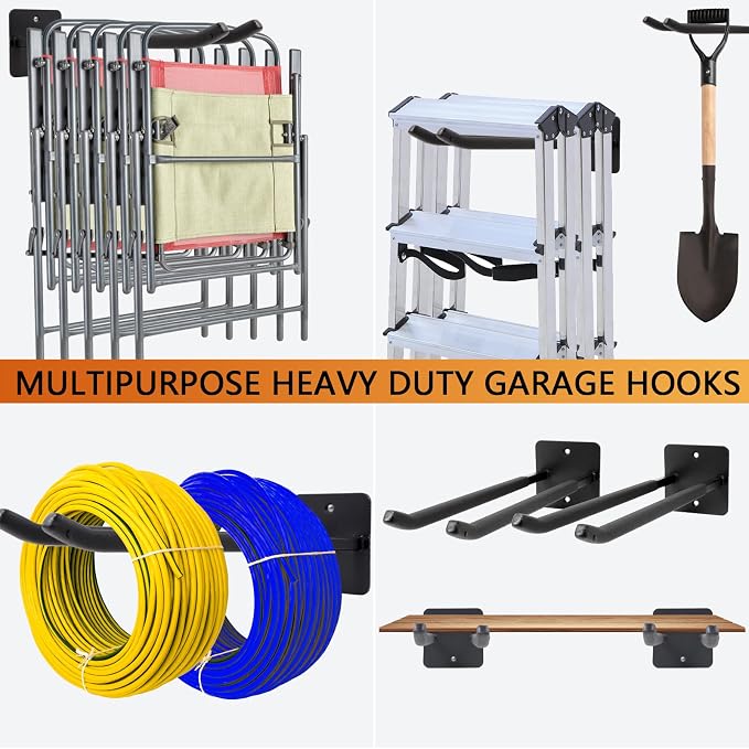 Sinoer 4 Pack Steel Wall Mount Double Garage Storage Hooks | 14 inch heavy steel double wall hooks store ladders, chairs, ropes, tires & strollers as garage tool organizer