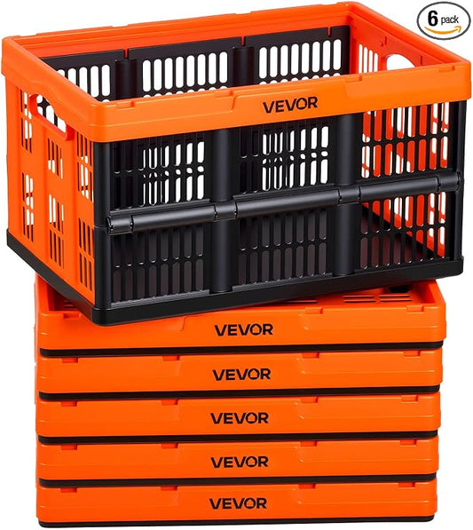 VEVOR Plastic Collapsible Storage Bins, 45L 6 Packs, Stackable Folding Storage Crates with Handles, Holds 33 lbs Per Bin, Foldable Heavy Duty Containers, Space-Saving Baskets, for Home Organizing