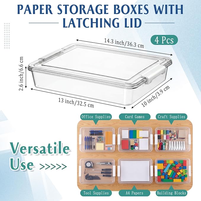 Fullhawl 4 Pcs Thickened Paper Storage Bin with Latching Lid, Label Clear Plastic Stackable Letter Size Tray Storage Container Arts Crafts Classroom Office Home Teacher Sorting (White)