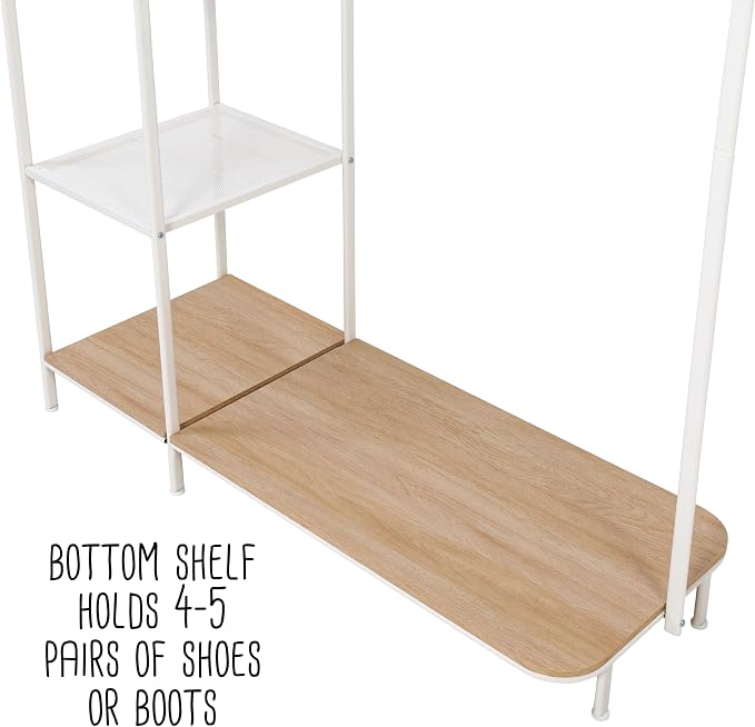 Honey-Can-Do Clothing Rack, Clothes Rack with Wood Shelf, Freestanding, Easy to Assemble Garment Rack, Standing Metal Sturdy, Small Space Storage Solution, with Shoe Storage White