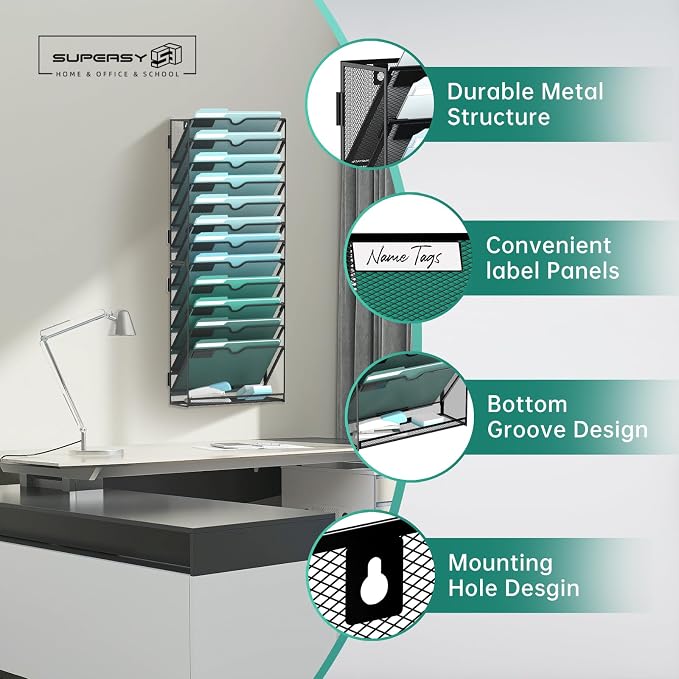 SUPEASY 13-Tier Wall File Organizer, Wall Mounted Mail Sorter, 2 Pack | Metal Mesh Hanging File Organizer with Open Compartments and Label Panels for Papers and Folders at Home, Office or School