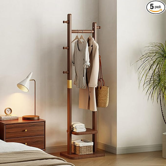SOBIBO Clothes Rack Solid Wood Coat Rack with Shelves and Hooks – Garment Clothing Rack Coat Rack with Storage for Hallway, Bedroom, Living Room, 15.75 inch, Walnut