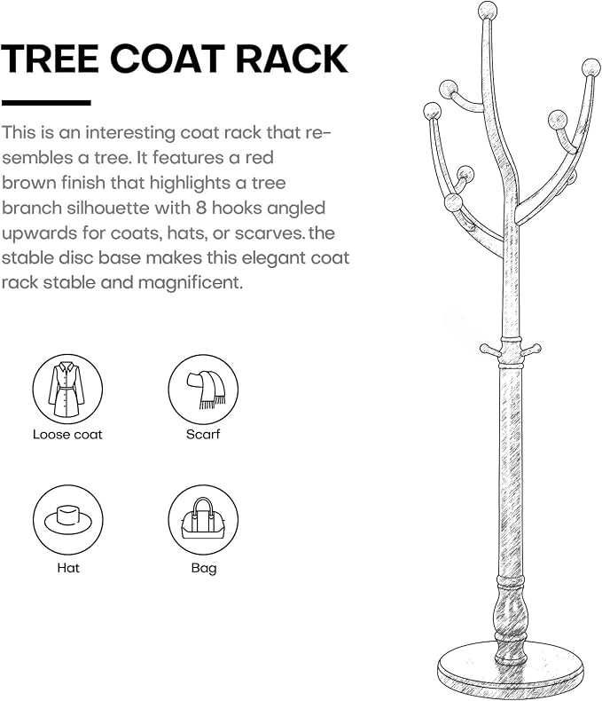 Bekrvio Tree Coat Rack Freestanding with Round Base, Red Brown | Unique Coat Hanger Stand, Heavy Duty Standing Coat Rack, For Jacket, Hat, Bags For Entryway / Hallway / Bedroom