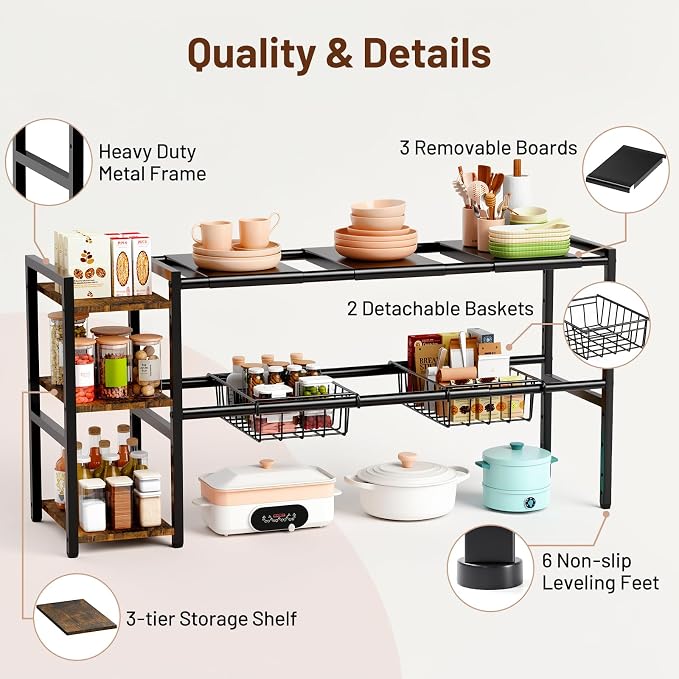 Housolution Expandable Under Sink Cabinet Organizer Rack and Storage Shelf | 24"-37.8" Expandable Length, 3-Tier Side Wooden Shelves, Height Adjustable for Kitchen Bathroom