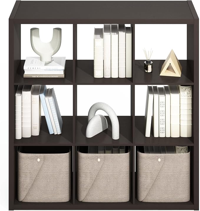 Furinno Simple 9-Cube Storage Organizer, Display Shelf, Dark Oak | Extra Thick Frame, Open Back Shelving Unit, Storage Shelves, for Organization and Storage, Living Room, Home Office