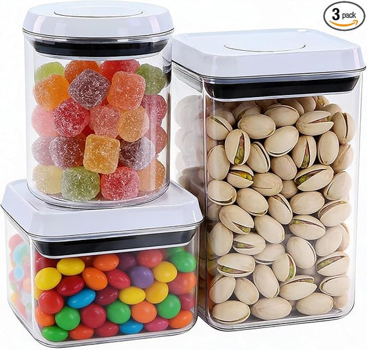 Pop Push Button Airtight Food Storage Containers with Lids | 3 Sizes: 0.65/0.7/1.8Qt for Cereal Flour Sugar Snacks Pet Food, BPA-Free Space-Saving Pantry Kitchen Canisters