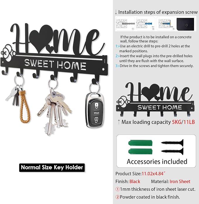 “Home Sweet Home”Key Holder wall Mount(Normal Size:11.02x4.84inches) | Simple Metal Decorative Key Hooks Rack for Entryway Front Door Hallway Garage Office