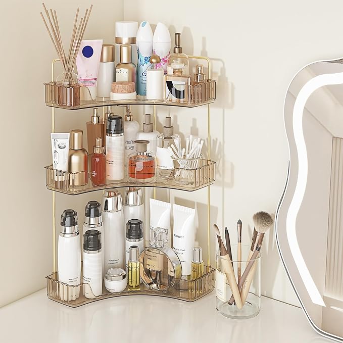 Webetop 3 Tier Corner Bathroom Organizer Countertop for Skincare & Dresser | Multi-Purpose For Toiletries/Perfume, Easy Wipe-Clean Surface, Stable Triangular Base, Generous Shelf Depth, Modern Look