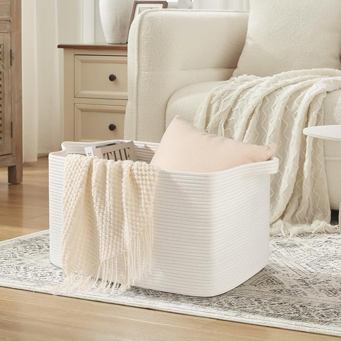 OIASKET 95L Extra Large Blanket Basket, 24" x 16.9" x 14.2" Woven Storage Basket for Living Room, Rectangle Nursery Blanket Storage for Toys, Towels, Dirty Clothes (White)