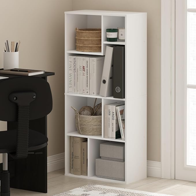 Furinno DALY Book Shelf, 7-Cube Bookshelf, Cube Storage Organizer Bookcase with Irregular Compartments, 9.4 x 18.9 x 42.1, for Living Room, Bedroom, Home Office, White
