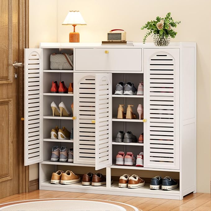 Shoe Cabinet with Louvered Doors, Freestanding Entryway Shoe Storage Cabinet with Drawer & Open Compartment, Modern Bamboo Shoe Rack Organizer with Thickened Adjustable Shelves for Closet