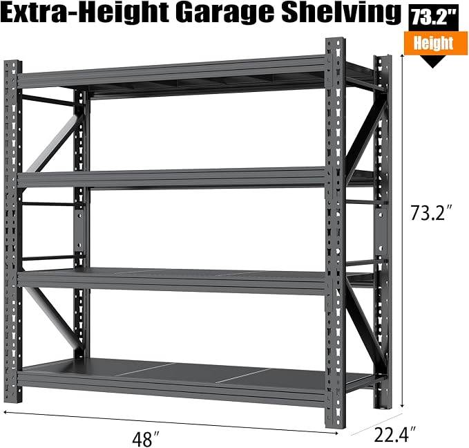 Garage Storage Shelves,73" H*48" W*22.4" D Heavy Duty | 4-Tier Metal Shelving Unit with Adjustable Shelves Industrial Garage Shelving for Garage Organization & Warehouse Storage