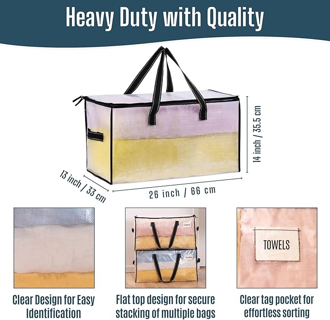 VENO Moving Bags, Storage Bags, Wide Open Top, Clear, 4 Pack | Moving boxes Alternative, Heavy Duty, Packing Supplies, Clothes and Comforter Storage, College Dorm Essentials