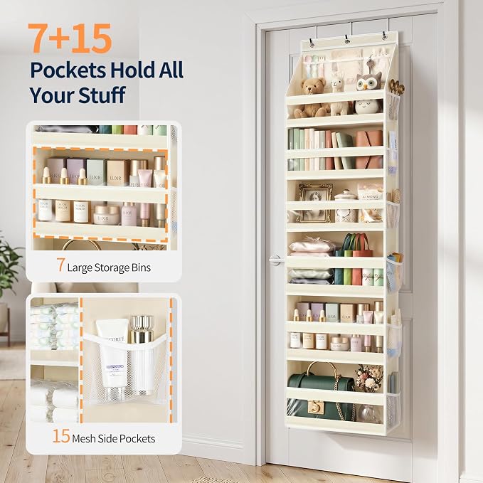 Yecaye 7 Tier Over the Door Organizer, Large Capacity Door Organizer Hanging with Clear PVC Windows, Behind the Door Storage for Bedroom Nursery Closet Laundry Pantry Bathroom, Cream White