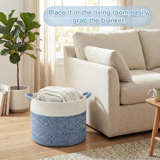 Artfeel 70L Large Cotton Rope Basket, Decorative Woven Blanket Storage for Living Room, Boho Toy Storage & Toy Box for Kids, Versatile Laundry Basket & Nursery Hamper for Blankets(DenimBlue)