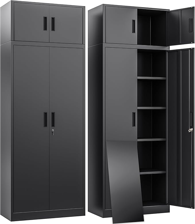 BESFUR Metal Storage Cabinet 87" H,Tall Locking Storage Cabinets with Top Cabinet and 4 Adjustable Shelves for Home Office, Garage,School, Apartment, Warehouse, Utility Room，Black