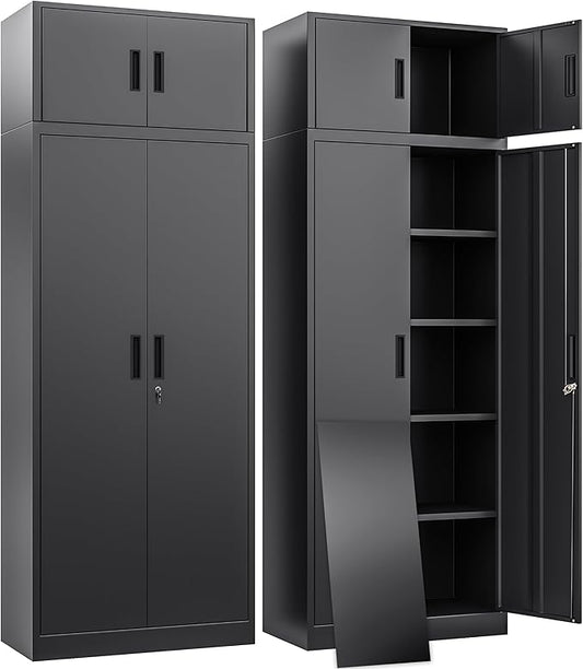 BESFUR Metal Storage Cabinet 87" H,Tall Locking Storage Cabinets with Top Cabinet and 4 Adjustable Shelves for Home Office, Garage,School, Apartment, Warehouse, Utility Room，Black