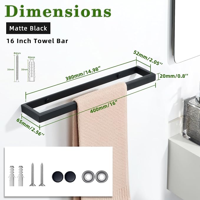Alise 16 Inch Towel Bar, Hand Towel Holder, Matte Black | Wall Mounted Towel Rack for Bathroom Lavatory,SUS304 Stainless Steel Towel Rail for Bath Kitchen,Self-adhesive or Drilling