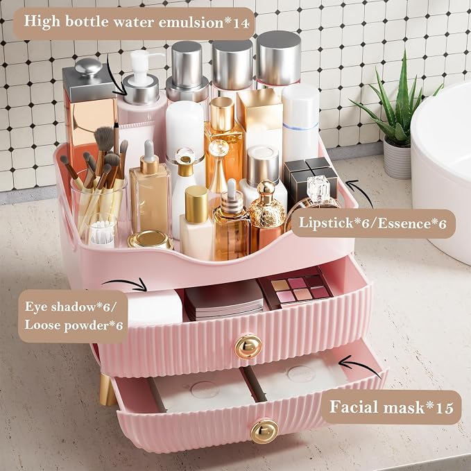 Makeup Organizer Countertop, Large Capacity Skincare Organizer for Vanity | Cosmetics Organizer with Drawes & Handle, Cosmetic Display Cases Storage Box for Dresser, Bathroom, Gifts for Women(Pink)