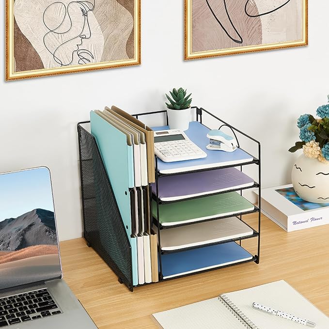 LEKETREE Desk Organizers and Accessories, 5-Tier Paper Letter Tray Organizer with File Holder, Desktop Organizer for Office Supplies (Black)