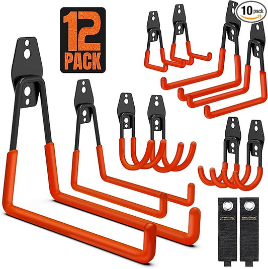 Garage Hooks, 12 Pack Wall Storage Hanger with 2 Extension Cord Straps, Heavy Duty Tool Holder for Utilities Organization, Wall Mount Rack for Garden Lawn Tools, Ladders, Bike, Ski (Orange)