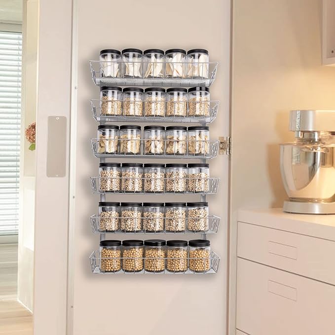 SWOMMOLY Wall Mount Spice Rack Organizer, 6-Tier Adjustable Dual-Use Shelf | Hanging Spice Rack Organizer, Kitchen Pantry Cabinet Storage Holder for Spices, Mason Jars, Bottles & Cans, Silver