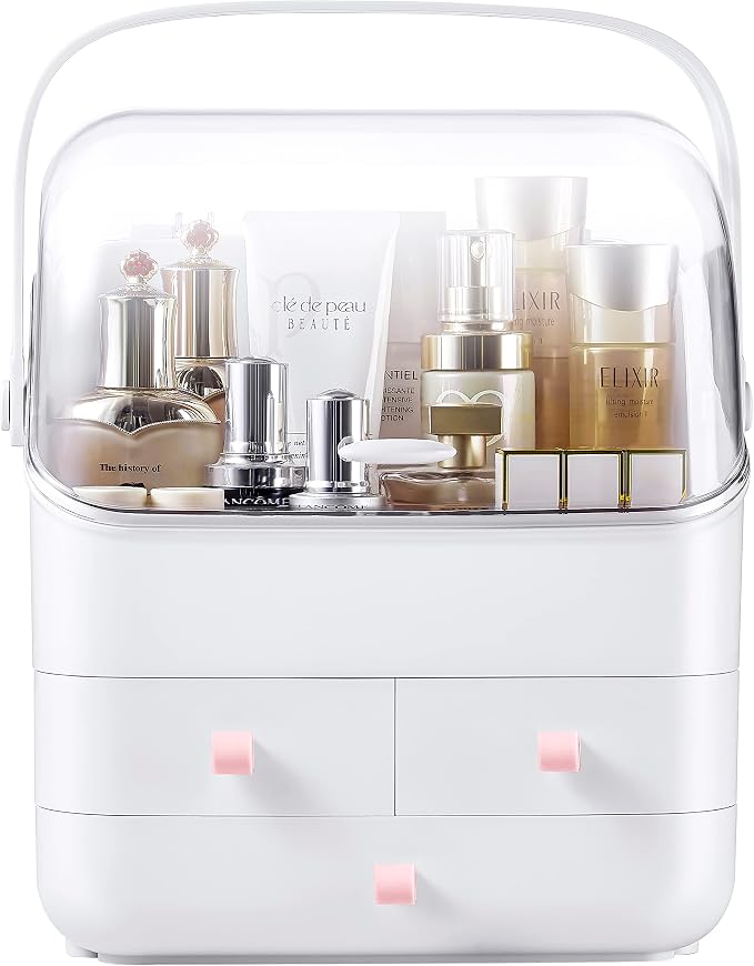 SUNFICON Makeup Organizer Cosmetic Organizer Makeup Storage Holder Box Crystal Clear Lid w Handheld 3 Drawers Dustproof Waterproof for Vanity Bathroom Countertop Birthday