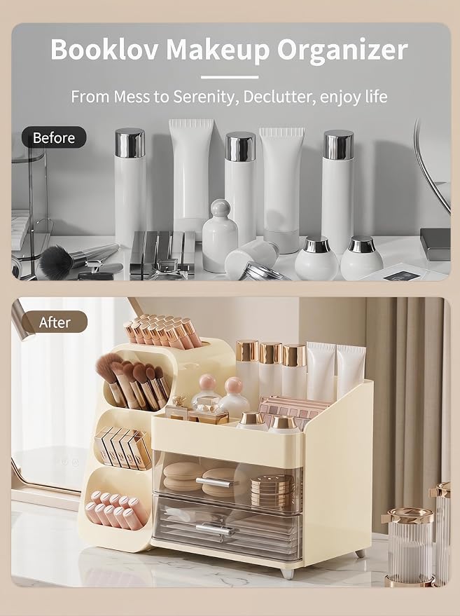 Booklov Large Makeup Organizer for Vanity Countertop, Cream | Clear Acrylic Cosmetic Display Case, Beauty Brush Holder for Bathroom Counter, Make Up Skincare Lipsticks Storage
