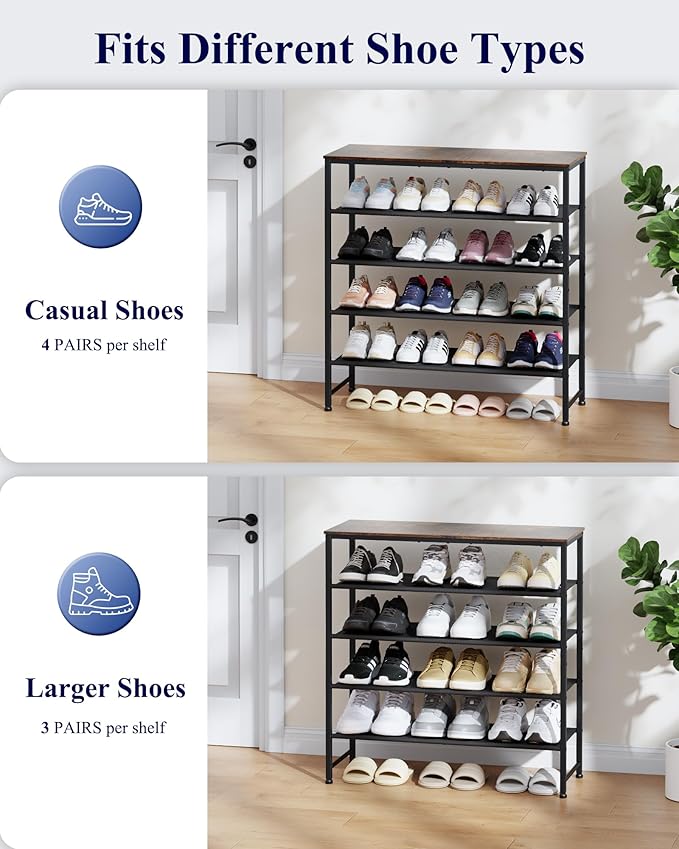 Kitsure 5-Tier Shoe Rack with Wooden Top, 29.5" x 11.4" x 31.1", Brown | Wooden Shoe Rack for Entryway, Closet, Metal Frame Shoe Storage for Closet, Space-Saving Shoe Rack Organizer with Table Top