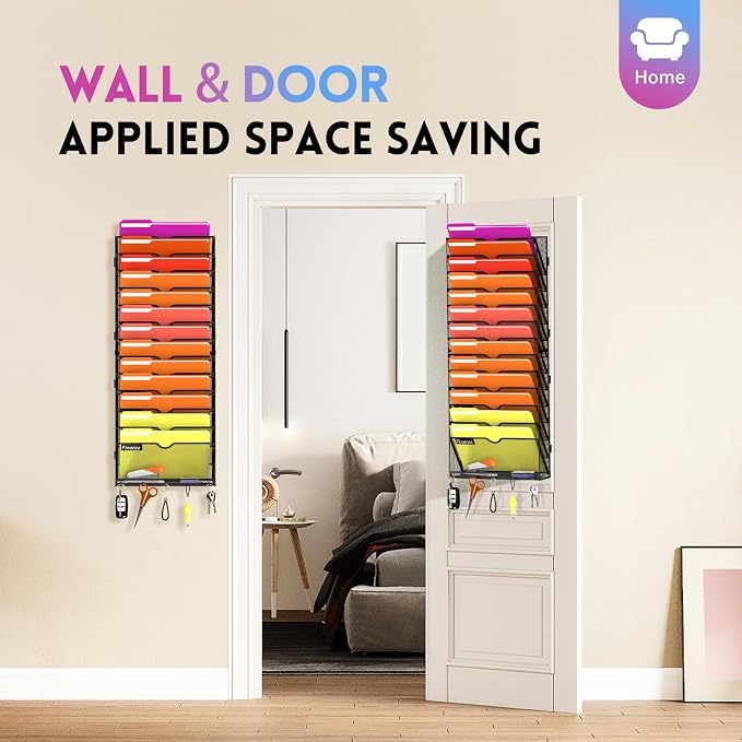 14-Tier Wall File Organizer with Base and Hooks, Hanging Organizer, Black | Wall Organizer and Wall File Holder with 14 Vertical Pockets and Bottom Tray for Files, Mail, Folders, Magazines and Paper