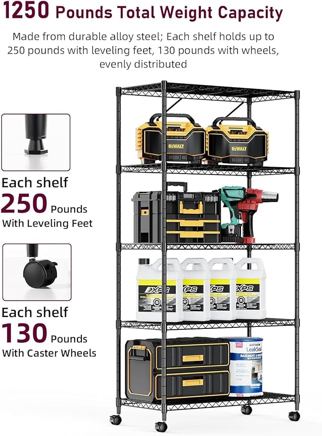 Simple Deluxe 5-Tier Heavy Duty Storage Shelving Unit, 1250 Lbs Loading Capacity, 29.92" W x 13.98" D x 61.02" H, Black