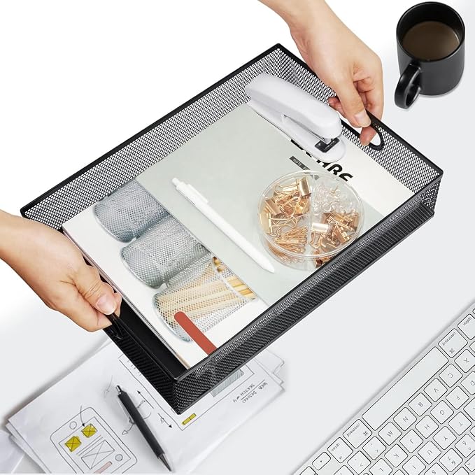 Neudeco Desk Drawer Organizer, 4 Pack Metal Mesh, Black | Adjustable Dividers, Stackable, Pen Organizer, Office Supplies Organizer